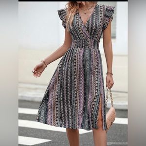 EUC SHEIN VCAY XL Geo Print Ruffle Trim Split Thigh Dress Mauve/Purple